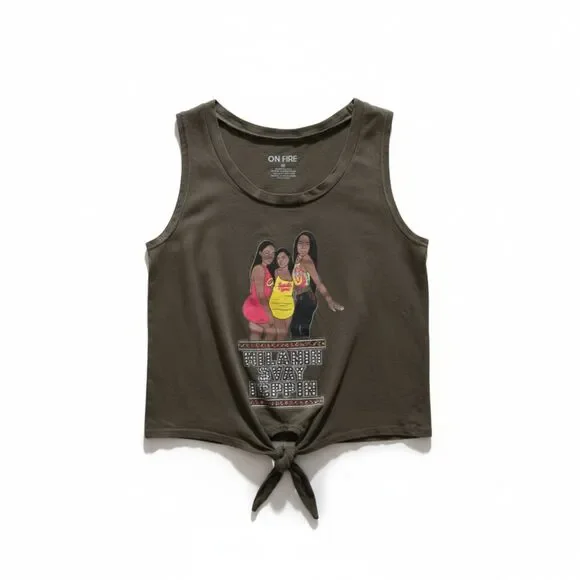 Teen Graphic Tie-Front Tank Top | Sleeveless Casual Top | Size M - Picture 12 of 15